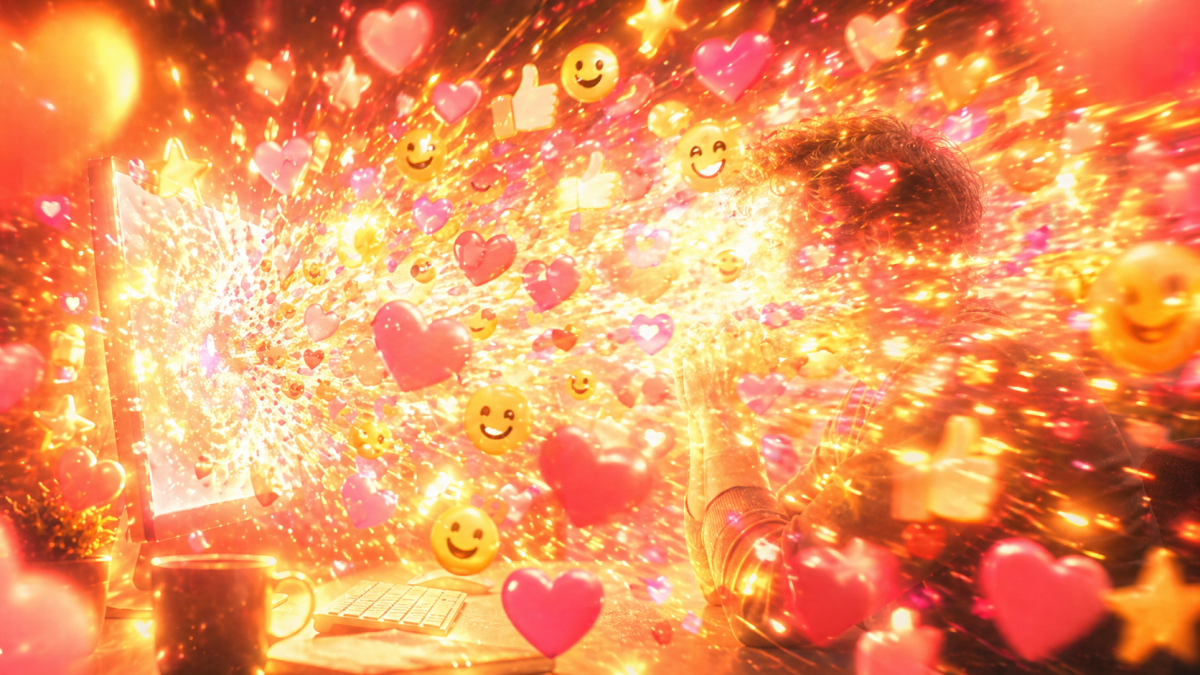 An explosion of warm colours and positive emojis. You can barely identify a person sitting in front of a computer.